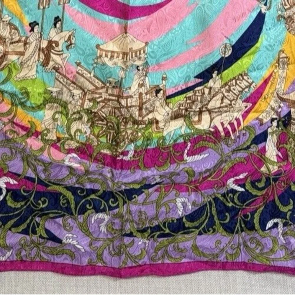 VINTAGE  Japanese Kyoto Silk Scarf Heian Court Procession Hand Rolled Hem 40